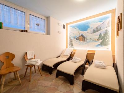 Cozy relaxation room with loungers, wooden furniture, and a winter mountain landscape on the wall.