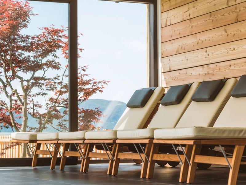 Reihen von Holzliegen mit Polstern vor großen Fenstern und Blick auf rote Bäume.