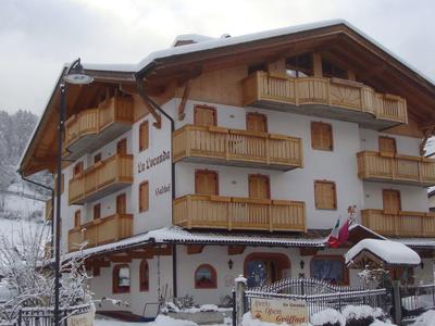 Großes weißes Chalet mit Holzbalustraden, Schnee auf Dach und Umgebung, bewölkter Winterhimmel.