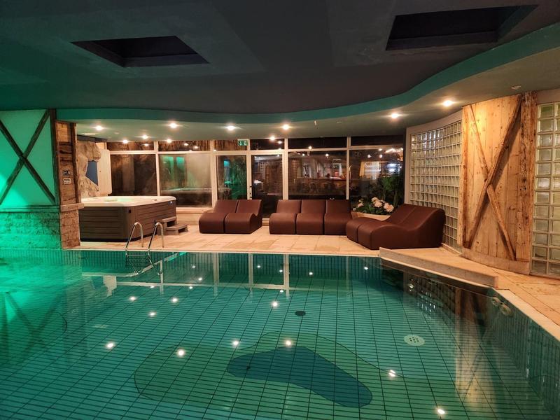 Moderner Innenpool mit braunen Sitzmöbeln, Holzpanelen und gedämmtem Deckenlicht.