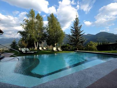 Piscina con vistas a montañas y árboles bajo un cielo azul con nubes.