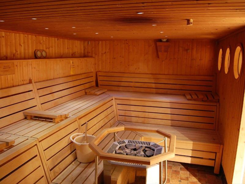 Holzsauna mit Sitzbänken, zentralem Ofen und warmem, einladendem Licht.