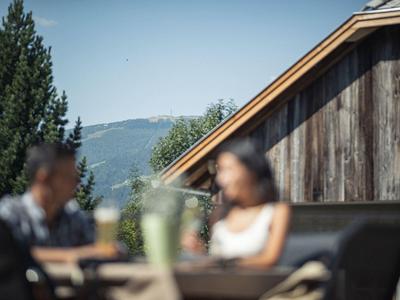 Holzhaus mit schrägem Dach vor Bergkulisse, Bäume und blauer Himmel im Hintergrund.