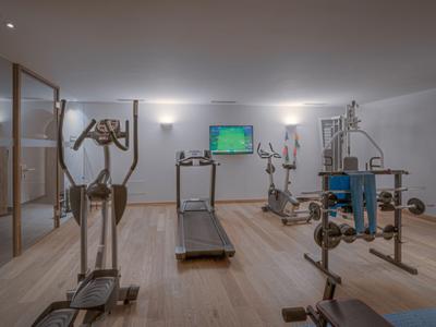 Moderner Fitnessraum mit verschiedenen Trainingsgeräten und Holzboden in einem Hotel.