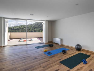 Moderner Fitnessraum mit Holzboden, Yogamatten, Hanteln und großen Fenstern zum Balkon mit Bergblick.