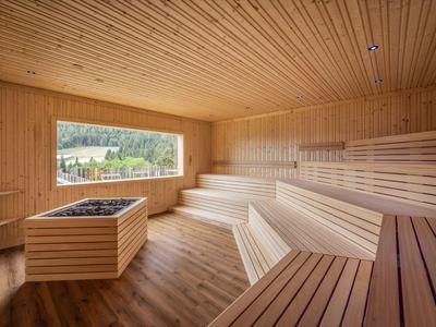 Helle Sauna mit Holzverkleidung, großen Fenstern und einer zentralen Heizkammer.