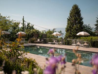 Buitenzwembad met ligstoelen en parasols in een tuin met bomen.