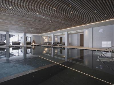 Moderner Innenpool mit dunklem Wasser, Holzdecke und großen Fenstern im hellen Raum.