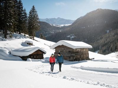 Zwei Personen wandern auf schneebedecktem Weg zu Holzhütten in sonnigem Bergtal mit Nadelbäumen.