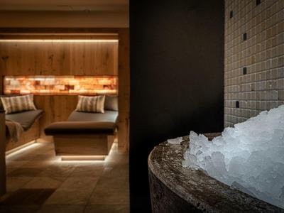 Gemütliche Sauna mit Holzbänken, Kissen und einem Eimer voller Eiswürfel im Vordergrund.