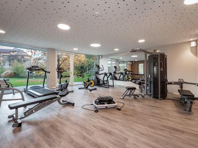 Palestra moderna con attrezzature e grandi finestre con vista sul giardino.