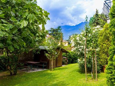 Grüner Garten mit Rasen, Bäumen, Sträuchern und einer holzüberdachten Terrasse im Hintergrund.