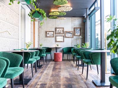 Moderner Gastraum mit grünen Samtstühlen, Holzboden, Pflanzenhänge und Bilder an heller Wand.