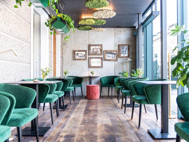 Moderner Gastraum mit grünen Samtstühlen, Holzboden, Pflanzenhänge und Bilder an heller Wand.