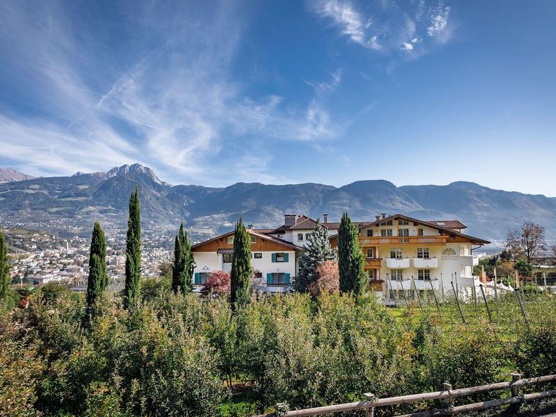 Landschaft mit Häusern und hohen Zypressen vor bewölktem Himmel und Bergen im Hintergrund.