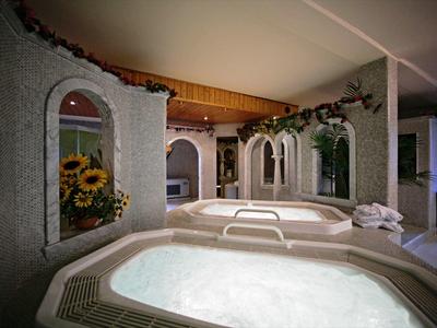 Spa lumineux avec jacuzzi, fleurs, fenêtres voûtées et plafond à poutres en bois dans un cadre paisible.