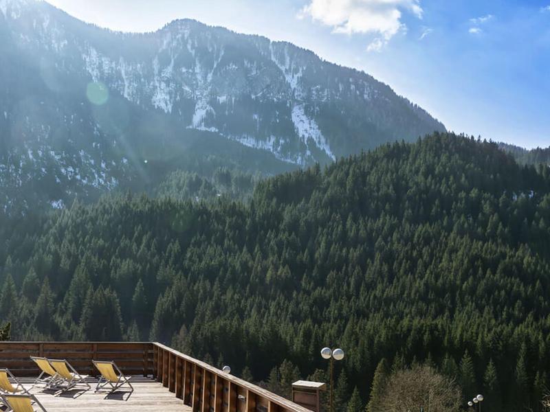 Blick auf bewaldete Berge und eine sonnige Terrasse mit Liegestühlen