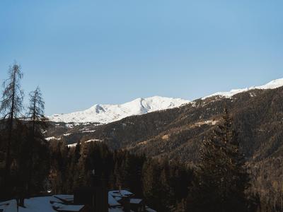 Horská krajina se zasněženými vrcholy a lesem v popředí pod jasnou oblohou