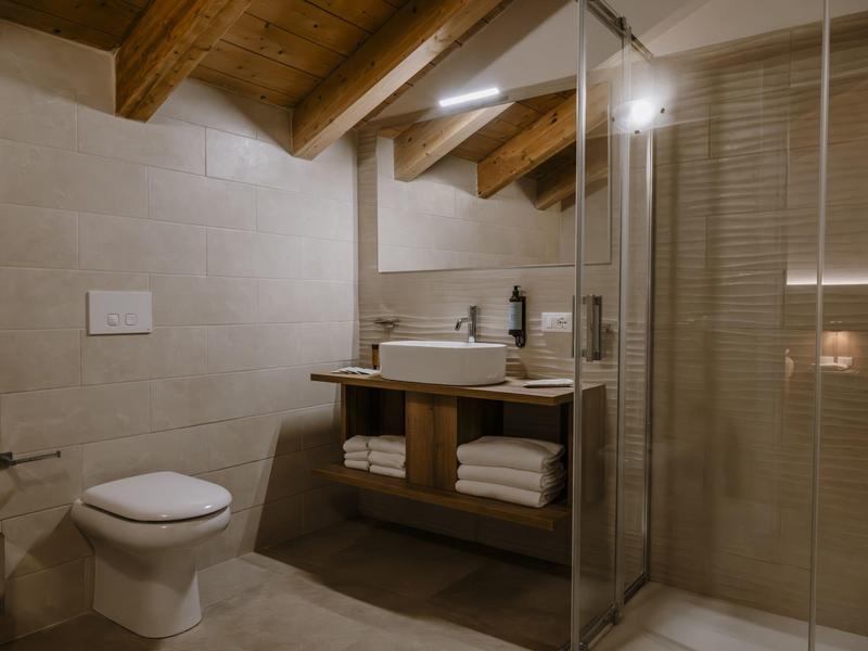 Moderní koupelna s dřevěným stropem, skleněnou sprchou, umyvadlem a WC v neutrálních tónech.