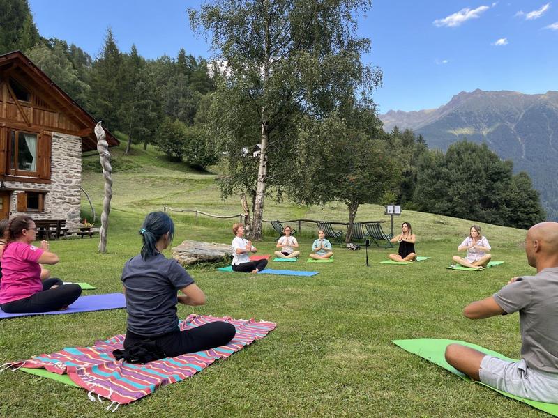 Groupe pratiquant le yoga dans un pré devant une cabane de montagne avec des montagnes en arrière-plan.