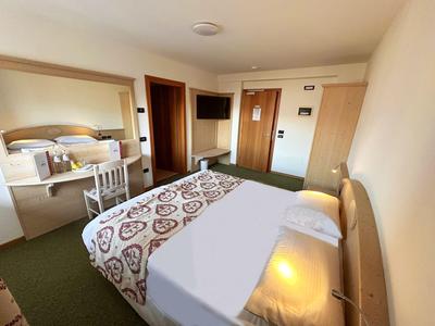 Ein helles Hotelzimmer mit Doppelbett, Schreibtisch, Fernseher und grünem Teppichboden.