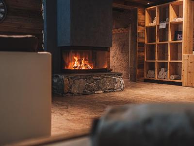 Gemütlicher Hotelraum mit modernem Kamin und rustikaler Holzeinrichtung.