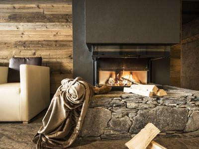 Gemütlicher Sitzbereich mit Kamin, Holzverkleidung und Decke in warmen Farbtönen.