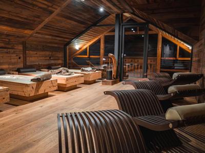 Gemütlicher Wellnessbereich im Holzstil mit Liegestühlen und Ruhezonen unter schrägen Decken.