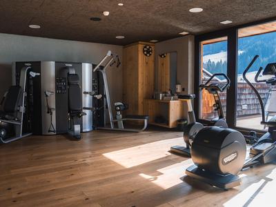 Moderner Fitnessraum mit Holzfußboden und großen Fenstern mit Bergblick.