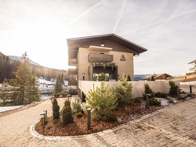 Casa vacanze moderna con balcone, circondata da alberi e montagne innevate.