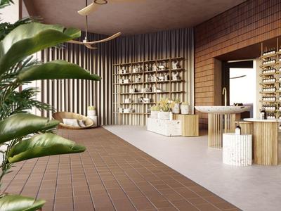 Modern hotel lobby with wooden shelves, seating, and large green plants.