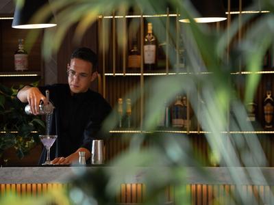 Barman verse une boisson dans un verre à cocktail dans un bar moderne avec des plantes au premier plan.