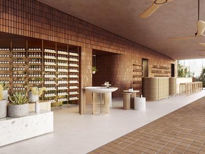 Moderna recepción de hotel con detalles de madera, plantas y ventiladores de techo en ambiente cálido.