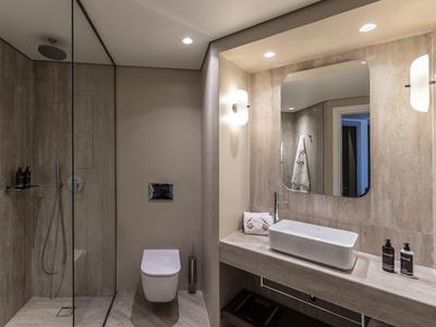 Baño moderno con ducha a ras de suelo, inodoro y espejo grande sobre el lavabo.