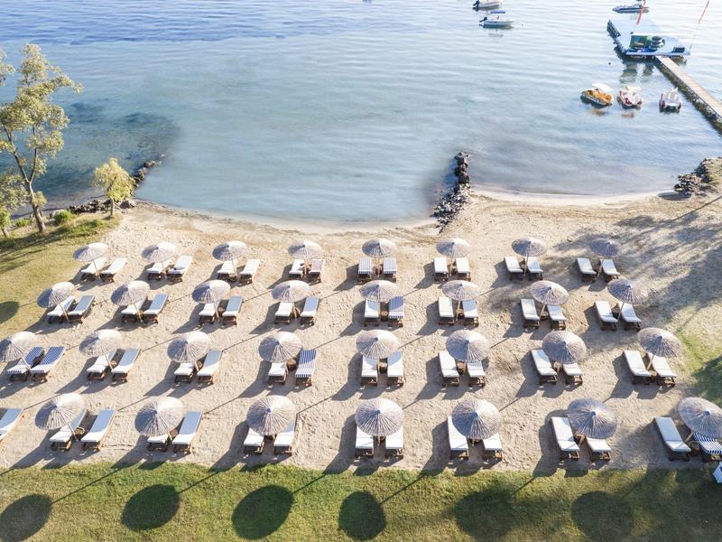 Vista aérea de una playa con múltiples sombrillas junto a agua tranquila y un pequeño muelle.