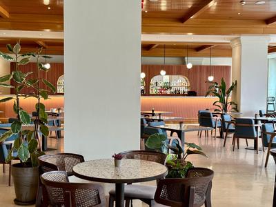 Área de lounge moderna en hotel con mesas, sillas y plantas en un ambiente luminoso.