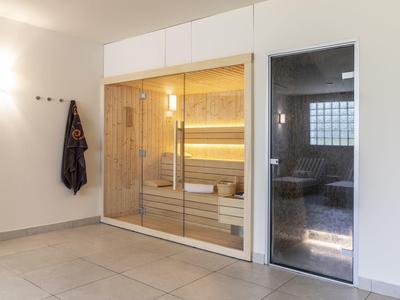 Sauna domestica moderna con fronte in vetro, interno in legno e cabina doccia adiacente.