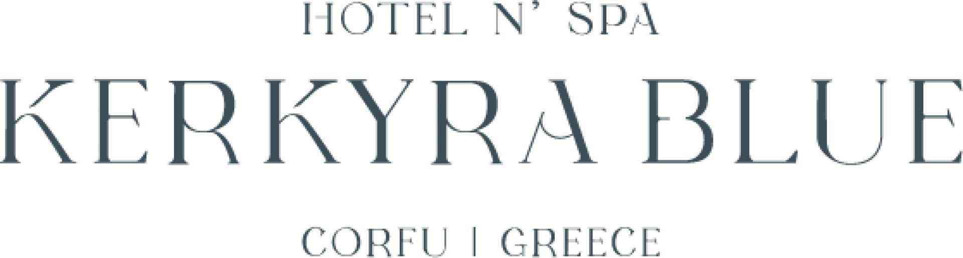 Napis logo hotelu Kerkyra Blue wskazujący lokalizację na Korfu, Grecja, kontekst hotelowy i podróżniczy.