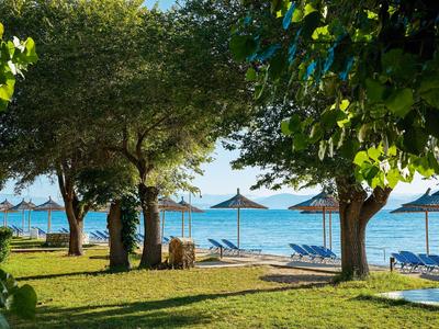 Grüner Garten mit Bäumen und Blick auf den Strand und das Meer mit Sonnenschirmen.