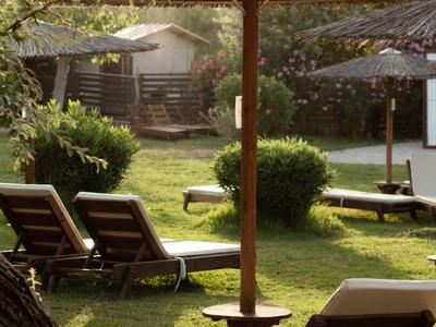 Sun umbrellas and lounge chairs on a grassy terrace beside buildings.