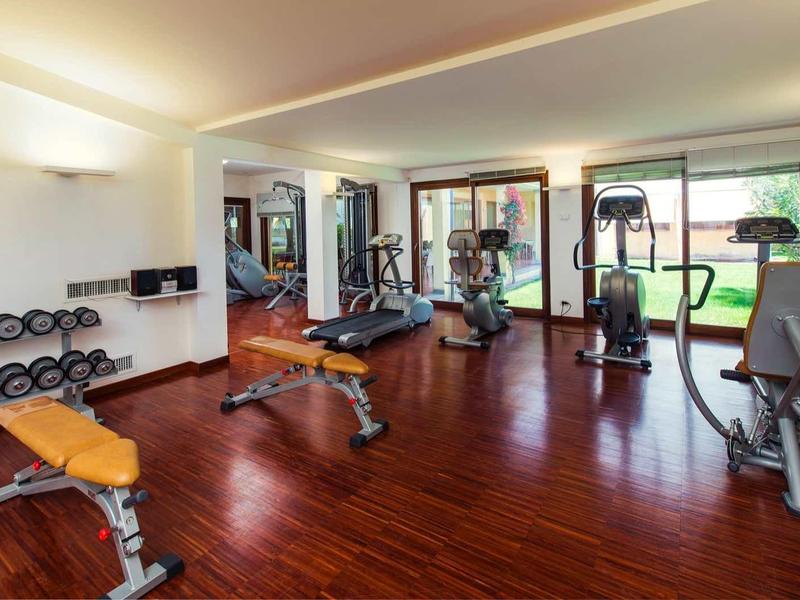 Bright gym with dumbbells and exercise machines in front of large windows overlooking a garden.