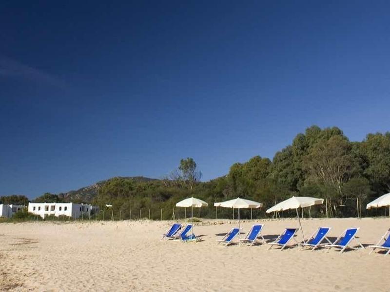 Strand mit blauem Himmel, Sand, sieben blauen Liegestühlen und weißen Sonnenschirmen vor Wald.