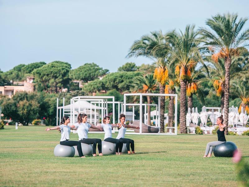 Menschen trainieren auf Gymnastikbällen auf einer grünen Wiese mit Palmen im Hintergrund.