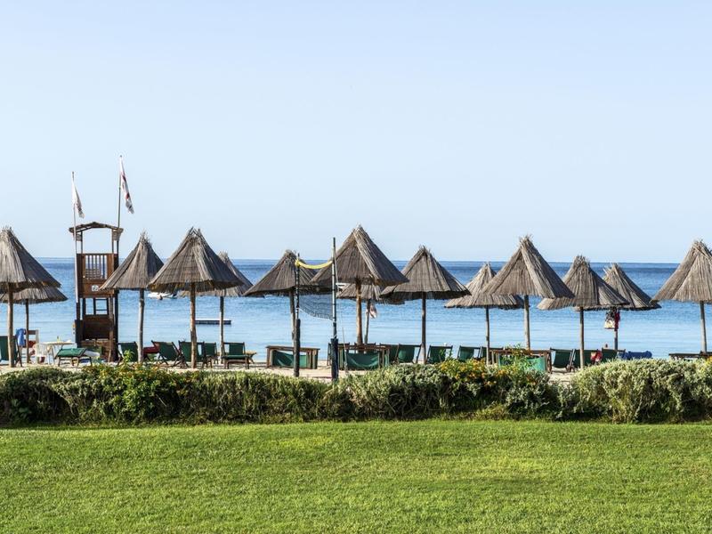 Meerdere rieten parasols op het strand met uitzicht op zee onder een heldere lucht.