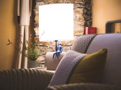 Cozy living room with sofa, cushions, lamp, and stone wall in the background.