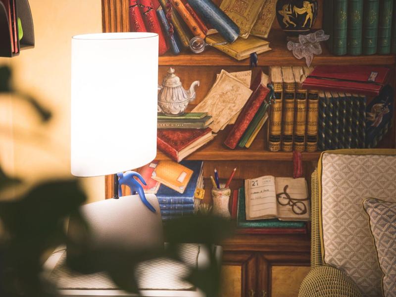 Cozy living room corner with bookshelf, lamp, and patterned armchair.