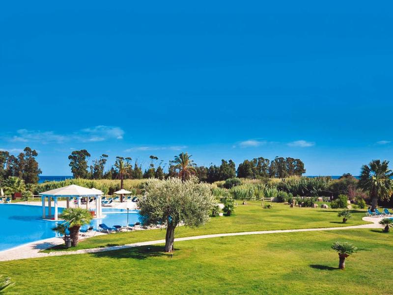 Duży zielony trawnik z basenem i parasolami pod jasnym niebieskim niebem.