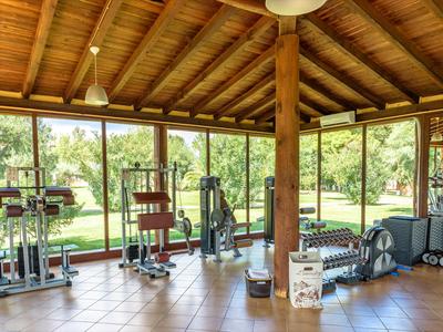 Fitnessraum mit modernen Trainingsgeräten und großen Fenstern mit Blick ins Grüne.