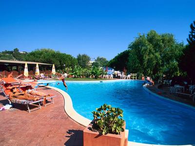 Schwimmbad mit Liegestühlen und Sonnenschirmen an einem sonnigen Tag in einer Hotelanlage.