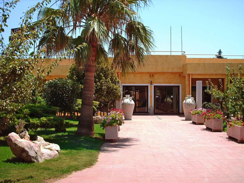 Entrée d'un bâtiment avec des palmiers et des plantes en pot le long du chemin.